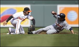 Detroit's Will Rhymes, right, steals second against Baltimore second baseman Brian Roberts, left, during the first inning.