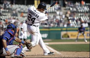 Detroit Tigers first baseman Miguel Cabrera (24) hits the game winning RBI-single against the Texas Rangers in the ninth inning Tuesday.