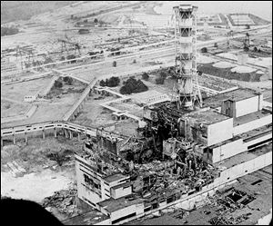 This April 1986 aerial file photo shows the Chernobyl nuclear power plant, the site of the world's worst nuclear accident, as made two to three days after the explosion in Chernobyl, Ukraine. 