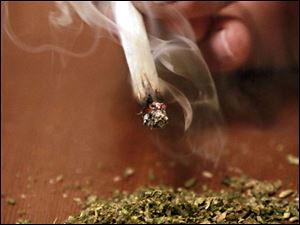 A marijuana user poses a joint over some ground marijuana Thursday, Nov. 4, 2010 in Tempe, Ariz. Arizona voters were literally split evenly on the issue of allowing marijuana use for medical purposes, leaving the proposition far too close to call. (AP Photo/Matt York)