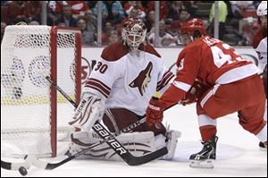 Red Wings center Darren Helm (43) tries to score in front of Coyotes goalie Ilya Bryzgalov (30).
