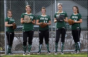 Ottawa Hills top players include, from left, Natalie Temme, Tessa Deckebach, Nikki Schoenberger, Nancy Rumpf, and Lauren Abendroth. The Green Bears finished 16-2 last season.