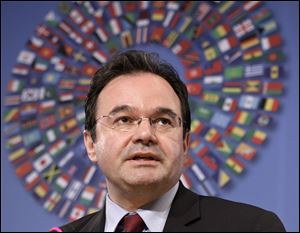 Greek Finance Minister George Papaconstantinou holds a news conference Saturday during the International Monetary Fund and World Bank meetings in Washington to discuss the economic crisis in his country. 