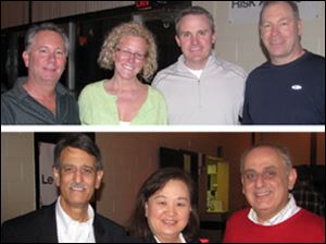 At the Serve Up and Ace fund-raiser included, top photo, from left: Tim Johnson, Marcia Ward, Tom Hopkins, and Paul Toth; bottom, Agha Shahid, Ock Hong, and Mahdi Doumet.