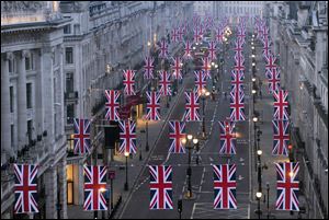 The Union Flags are hung along Regent Street in London in celebration of the forthcoming royal wedding between Prince William and Kate Middleton.