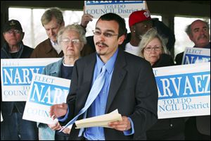 District 4 contender Alfonso Narvaez says Councilman Paula Hicks-Hudson should have sought  community input before voting to raise water rates. He spoke Tuesday at Jamie Farr Park.