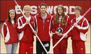 Top returning performers for Eastwood’s boys and girls track teams are last year’s state qualifiers (from left) Whitney Hoodlebrink, Kyle Dierker, Nick Twining, Jena Jacoby, and Kyle Schlumbohm. The boys team won state championships in 2009 and 2010.