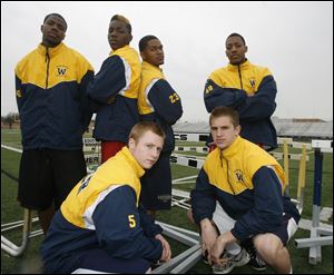 Whitmer has some of the area’s best sprinters and hurdlers with (back, from left) Mark Meyers, Alonzo Lucas, Jody Webb, and Leroy Alexander, along with (front) Joe McNabb and Alex Palicki.