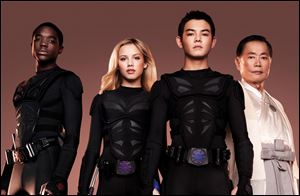 From left, Carlos Knight, Gracie Dzienny, Ryan Potter, and George Takei star in Nickelodeon's 'Supah Ninjas.'