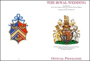T the front, right, and back covers of the official souvenir wedding program for the wedding of Prince William and Kate Middleton. The program includes the full Order of Service, a personal message of thanks from Prince William and Kate Middleton, and a never-before-seen photo of the couple. The Official Programme features Prince Williams Coat of Arms on the front cover and Kate Middletons new Coat of Arms on the back.
