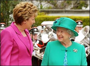 Britain's Queen Elizabeth II talks with Irish President Mary McAleese during welcoming ceremonies Tuesday at Aras An Uachtarain, the Irish President's residence in Phoenix Park, Dublin.