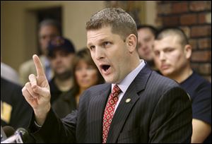 State Rep. Matt Szollosi (D., Oregon) says at Toledo Firefighters Local 92 Union Hall that Senate Bill 5 is a swipe against the middle class.