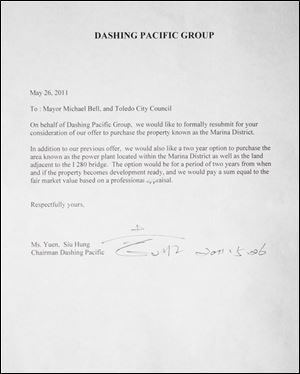 Dashing Pacific Group submitted this letter to Toledo Mayor Mike Bell and city council to be considered as a buyer of the Marina District parcel.