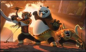 Jack Black provides the voice of Po, center, with from left, David Cross, Angelina Jolie, Seth Rogan, Jackie Chan,, and Lucy Liu.