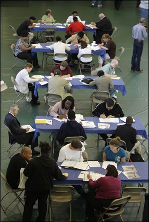 Applicants at a job fair in Painesville, Ohio, this week are numerous as hiring remains sluggish across much of the United States.