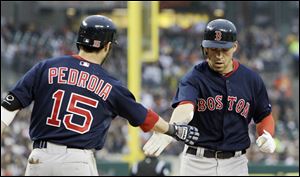 Boston Red Sox's Jacoby Ellsbury is greeted at homeplate by teammate Dustin Pedroia after hitting a home run during the third inning of a baseball game against the Detroit Tigers Friday.