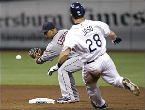 Cleveland Indians shortstop Asdrubal Cabrera fields the ball in time to throw out Tampa Bay Rays runner John Jaso (28) at second base attempting to stretch a second inning single into a double during a baseball game Friday.