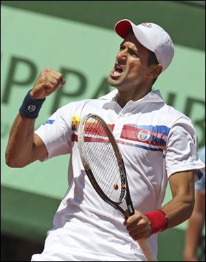 Novak Djokovic celebrates scoring a point against Juan Martin del Potro in the third round match of the French Open.