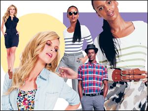 Good looks for summer include, from left, a utility dress from Sears; belted chambray shirt over floral print dress (Sears); striped top paired with wide-leg career pants (JC Penney); plaid camp shirt with solid shorts (Dillard's); and striped top with floral skirt (JC Penney).