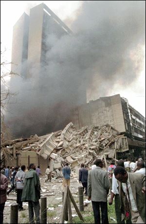 Smoke pours out of the U.S. Embassy in Kenya shortly after the 1998 attack. A nearly simultaneous bombing struck the U.S. Embassy in Tanzania.