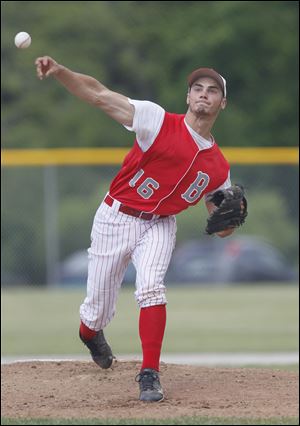 Bedford starting pitcher Dan Przeniczny fires one of the 102 pitches he hurled in Friday’s win over Sterling Heights Stevenson at Bailey Park in Battle Creek, Mich. Bedford won 10-5.