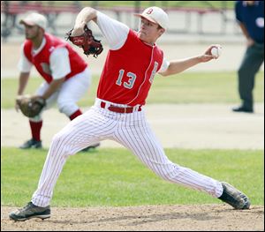Bedford’s Trent Szkutnik pitches against Rockford in the state final. He struck out six batters, but walked six and hit two. 