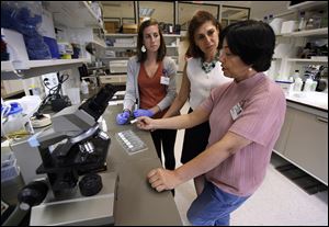 Dr. Meenakshi Kaw, right, student Stephanie Dallas, left, and Sonia Najjar, director of diabetes and endocrine research, discuss a project.