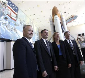 Space shuttle Atlantis crew, from left, pilot Doug Hurley, mission specialist's Rex Walheim, Sandra Magnus and commander Chris Ferguson.