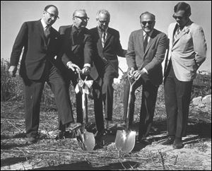From left, Paul Block, Jr., Gov. James Rhodes, Dr. Glidden L. Brooks, Dean Robert G. Page, and Lurley Archambeau in 1970 at the groundbreaking for the first permanent structure at the Medical College of Ohio — a $9.5 million health sciences building.