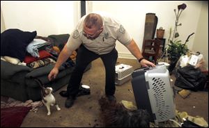 Officer Gene Boros, an animal cruelty investigator with the Toledo Humane Society, recovers a cat that was abandoned with 2 other cats and a dog.