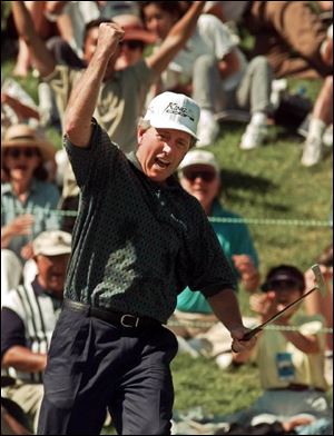 Hale Irwin sinks a putt at No. 18 to win the 1998 U.S. Senior Open at Riviera Country Club in Los Angeles. He also won the title in 2000.