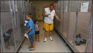 Austin Davidson, 8, Lindsay Davidson, 6, and their grandfather, Tim Douglas, of Toledo, look at adoptable dogs in the new kennels at the Lucas County dog pound.