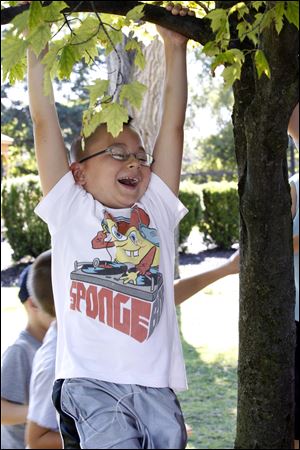 Dylan Stanfa, 7, of Toledo plays on a tree during Camp Little Shots, a camp at Olander Park for children ages 6 to 9 with diabetes.
