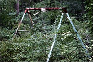 A swing set overgrown by weeds remains in the backyard of her family's home.