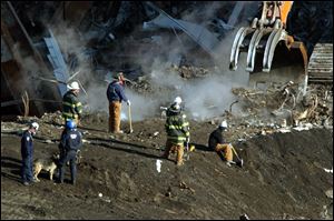 Recovery operations continue as firefighters and a police K-9 unit examine a pile of rubble in the debris field of Tower One of the World Trade Center in New York, Nov. 13, 2001. Two major medical studies have failed to find a significant increase in deaths, cancer among people exposed to dust from the World Trade Center.