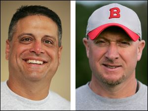 Central Catholic football head coach Greg Dempsey, left, and Bedford football head coach Jeff Wood.