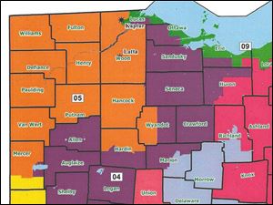 Proposal of congressional redistricting for northwest Ohio. Orange = Bob Latta; Green = Marcy Kaptur; Purple = Jim Jordan.
