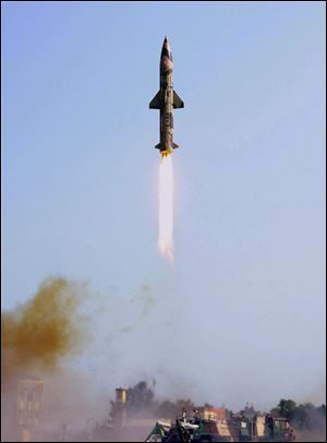India's surface-to-surface missile Prithvi is fired from the testing range in Chandipur in Orissa state, India Monday.