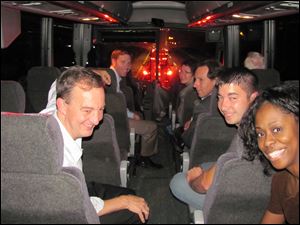 From left, Dave Murray, Shaun Hegarty, Karen Fraker, Tom Troy, Kevin Beining, and Tedra White on the bus ride home from Day Trippin' to the Statehouse and Judical Center Sept. 21, 2011