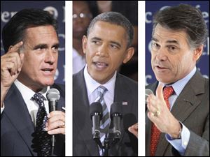 Republican candidates for president Mitt Romney, left, and Rick Perry, right, are hoping to face Democratic incumbent Barack Obama 