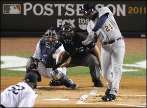 Delmon Young hit a solo home run for the Tigers in the first inning of the American League Division Series last night at Yankee Stadium. The game will continue today with the score tied at 1.