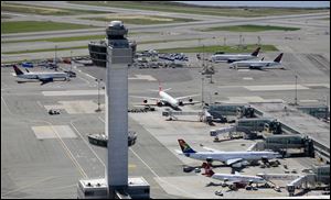 The air traffic control tower and terminals at John F. Kennedy International Airport in New York. 