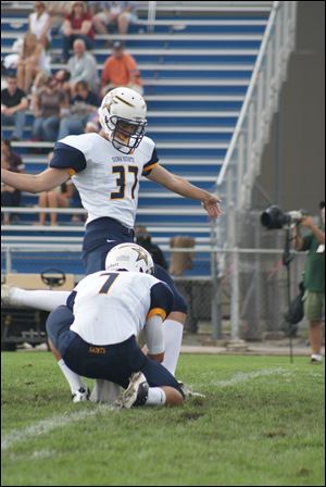 Jonah Harter, No. 37, a placekicker, is an Otsego graduate. He made all four of his attempts for extra points in the come-from-behind victory over Kentucky Wesleyan.
