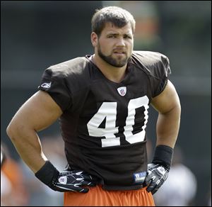 Cleveland Browns running back Peyton Hillis during practice at the NFL football team's training camp in Berea, Ohio.