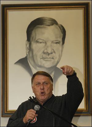 Teamsters president James Hoffa speaks in front of a portrait of former Local 20 president Les Singer during a rally in opposition to Ohio Issue 2, Wednesday at Teamsters Local 20.