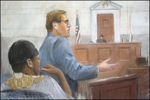 In this courtroom drawing, Umar Farouk Abdulmutallab, left, listens Tuesdayas Assistant U.S. Attorney Jonathan Tukel presents opening arguments in U.S. District Judge Nancy Edmunds' courtroom in Detroit.