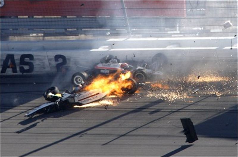 Dan Wheldon front left and another driver crash during a wreck that 