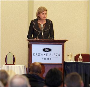 Sandra Pianalto, president and CEO, Federal Reserve Bank of Cleveland, speaks to the Global Interdependence Center and University of Toledo at the Crown Plaza Thursday.