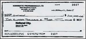 Attorney General Jim Petro alleges the last theft by Tom Noe from the rare-coin fund was for $400,000 on May 17 in the form of two checks for $200,000 each. State record show one of the checks, above, from a subsidiary of the coin fund, Numismatic Professionals LTD., was made out to 'Vintage,' which refers to Vintage Coins & Collectibles. That was Mr. Noe's former coin business in Monclova Township. The check was not signed, but it was deposited into a Vintage account, records show.
