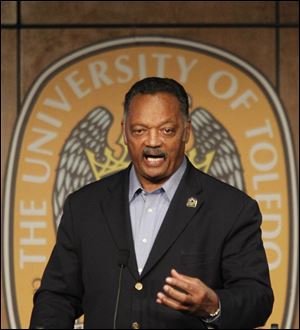 Rev. Jesse Jackson speaks to the crowd in the Ingman Room at the University of Toledo to urge Ohioans to vote 